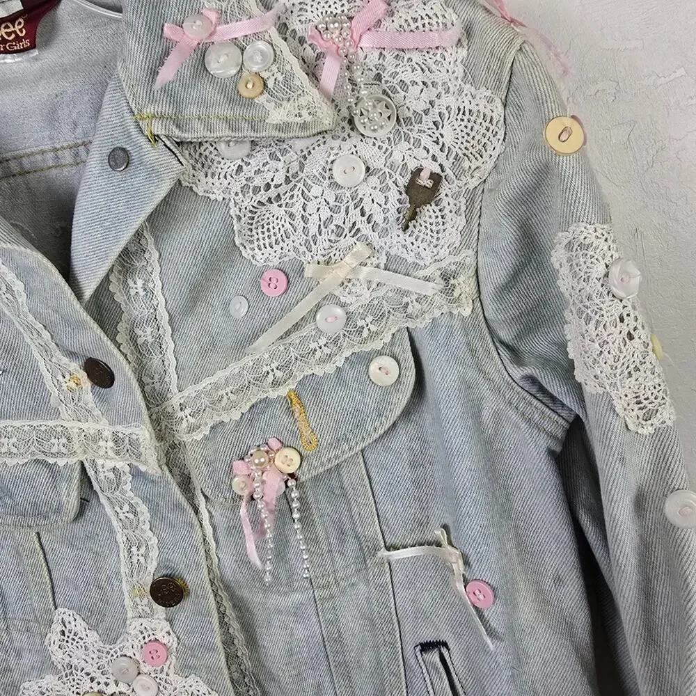 Coquette Fairycore Denim Jacket Size 14  Lace Pink Bows Embellished Button Up